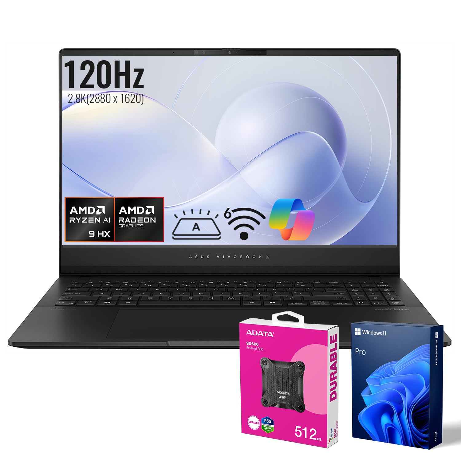 ASUS Vivobook S 16 AI Copilot+ PC Business Laptop, 15.6" 2.8K 120Hz, AMD Ryzen AI 9 HX 370, 32GB RAM, 2TB SSD, Radeon Graphics, Wi-Fi 6, RGB Backlit KB, W11 Pro, Bundle with ADATA 512GB External SSD