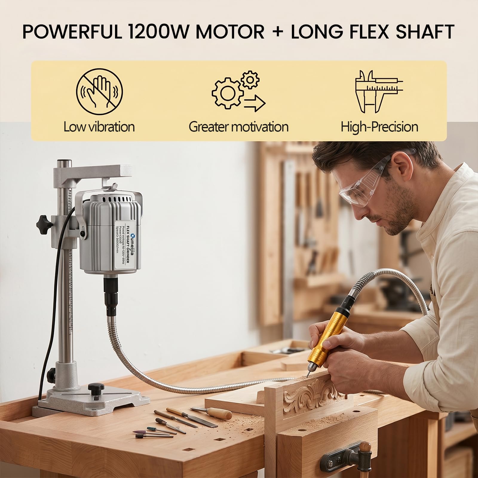 Herramienta giratoria de eje flexible de 1200 W, amoladora colgante de velocidad variable de 30000 RPM con 46 accesorios y pedal de pie, máquina eléctrica de tallado de eje flexible para madera, metal