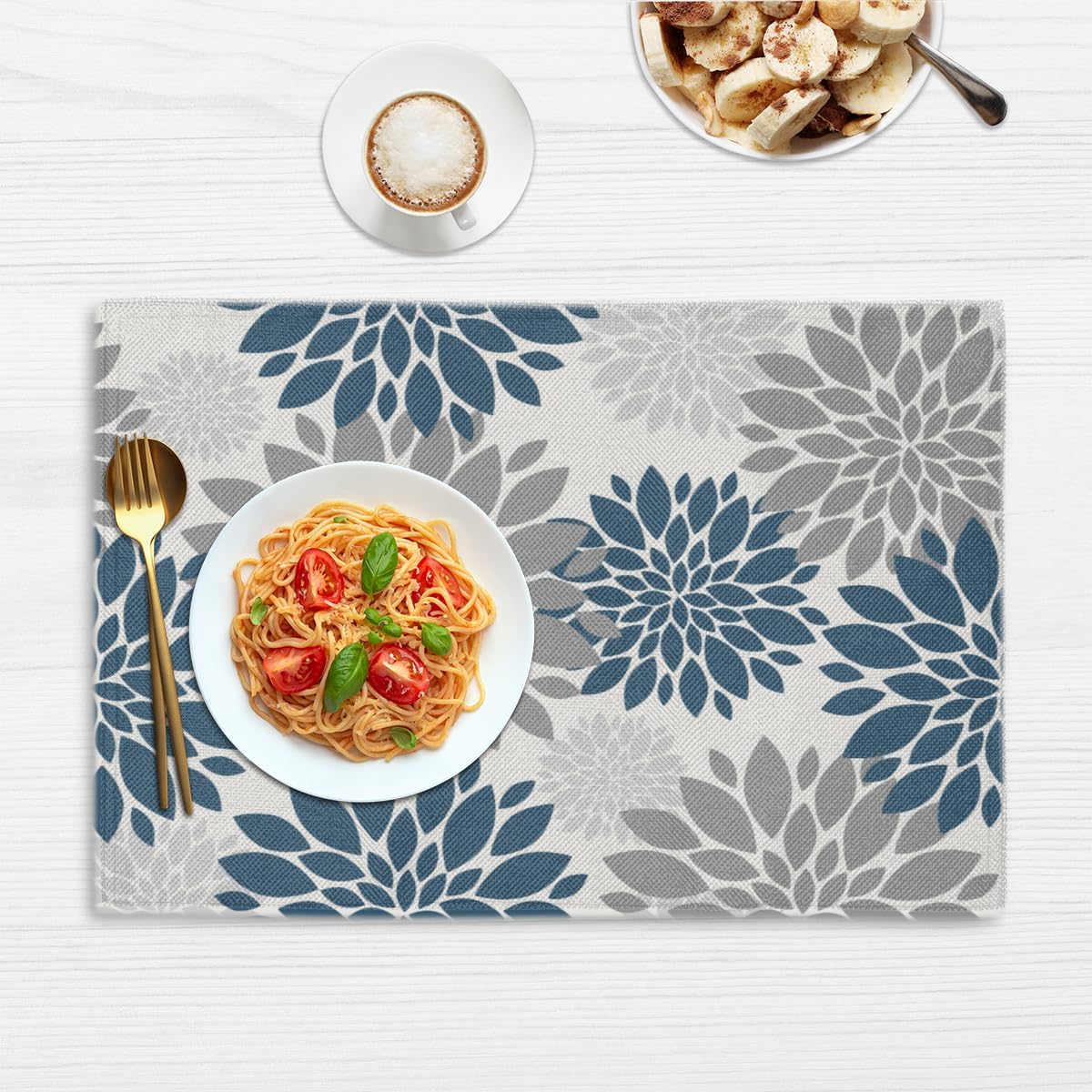 Placemats Set of 6 - Blue Gray Floral Place Mats for Dining Table - Heat Resistant Table Mats Washable Placemat Kitchen Home Party Indoor Outdoor Decor, 12 x 18 Inch, Flower