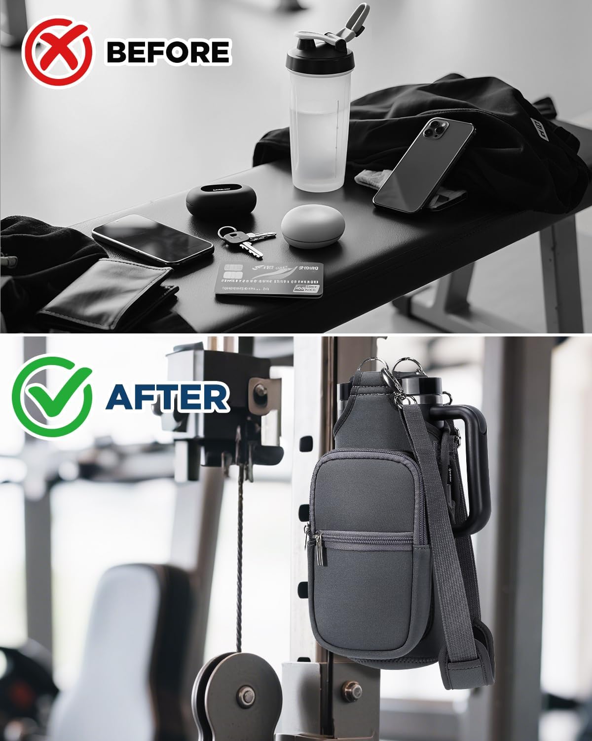 IPOW Magnetic Gym Bag Water Bottle Carrier Holder with Phone Pockets & Shoulder Strap for Men Women,Water Bottle Holder, Gym Pouch, Crossbody Bag for Travel, Sports, Work, Fitness - Dark Gray