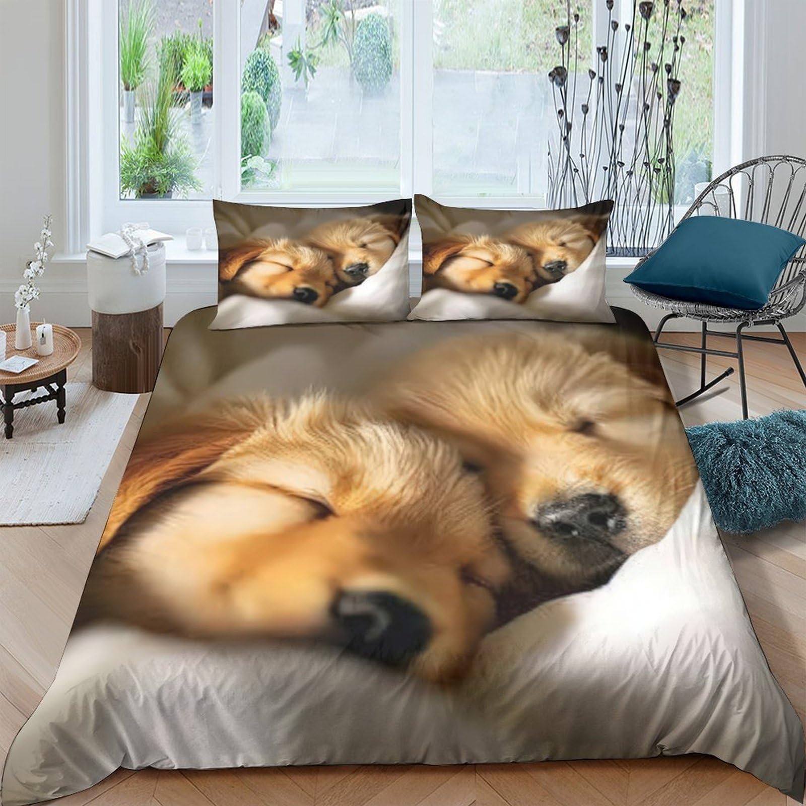 GPLZQXKJNH 3D Printed Golden Retriever Duvet Cover Microfiber Soft Breathable Puppy Dog Bedding Set with 2 Pillowcases for Bedroom Home Single（135x200cm）