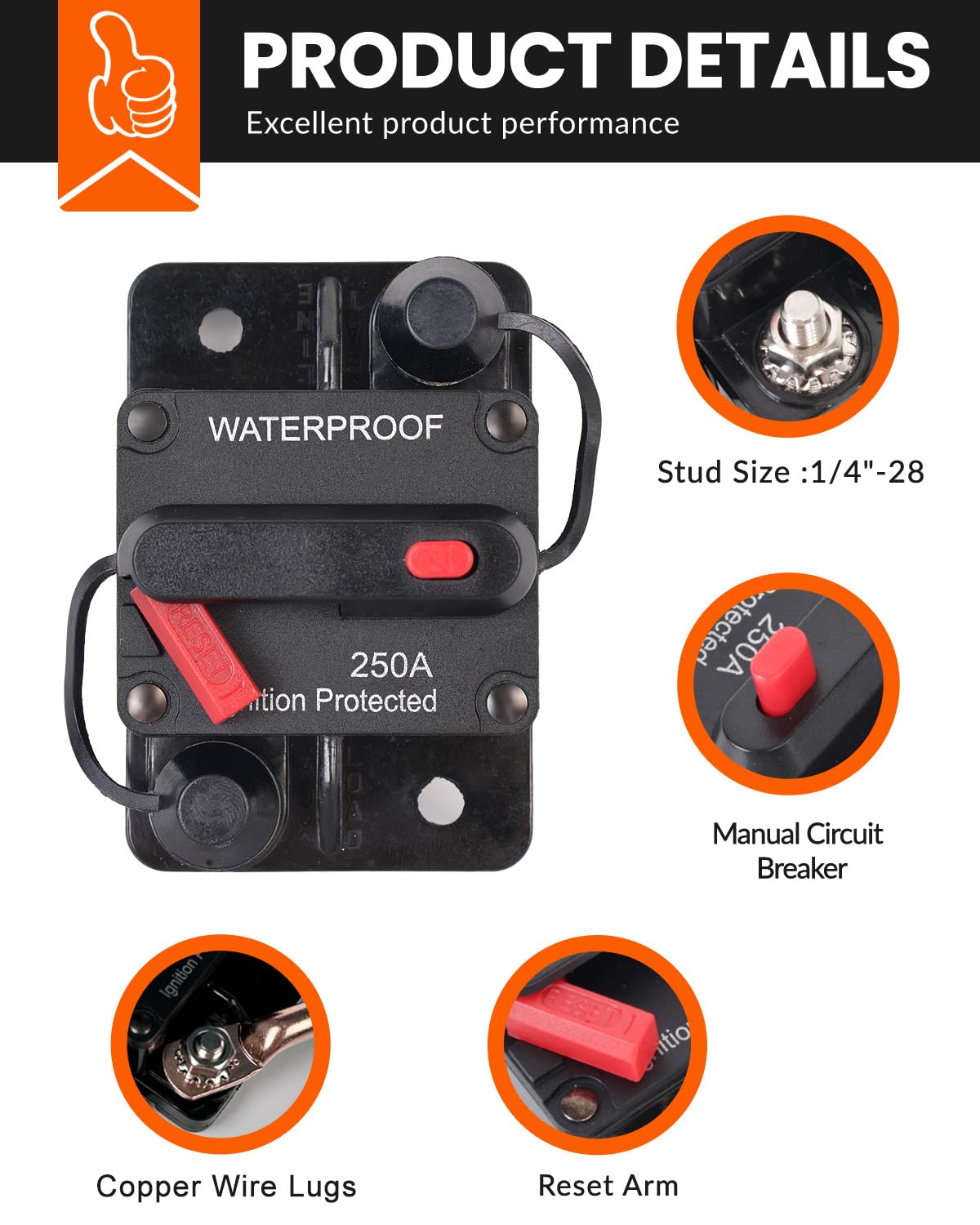 100 Amp Circuit Breaker with Manual Reset Waterproof Inline Fuse Inverter for Marine Trolling Motors Boat ATV Manual Power, Suface Mount, 12V-48V DC (100A) — Amazon image 3