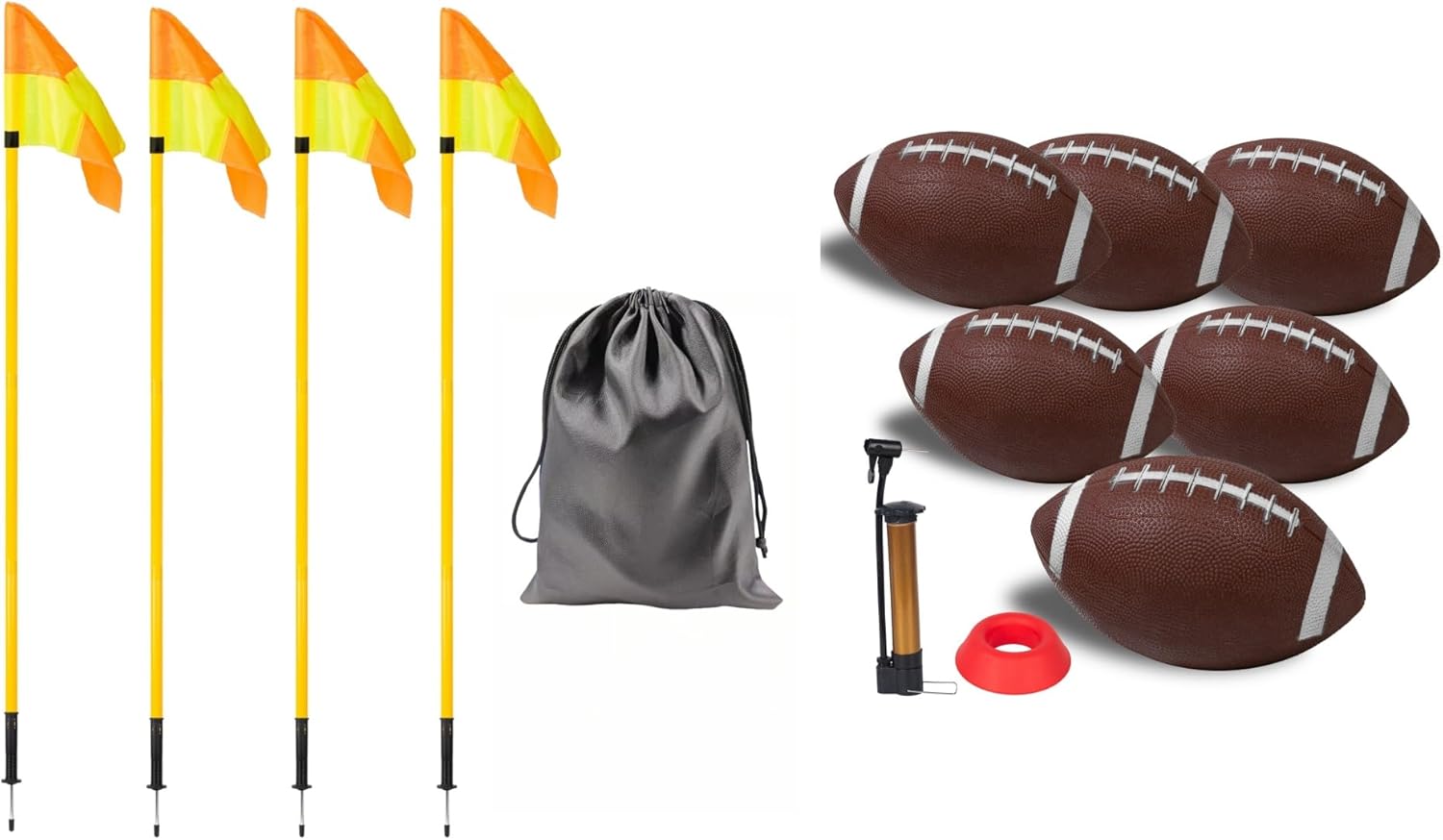 6 Pcs 5FT Soccer Corner Flags for Soccer Field + 6 Pack 8.3" Inflatable Footballs with Pump and Kicking Tee-Spring Loaded Adjustable Speed and Agility Training Equipment With Storage Bag