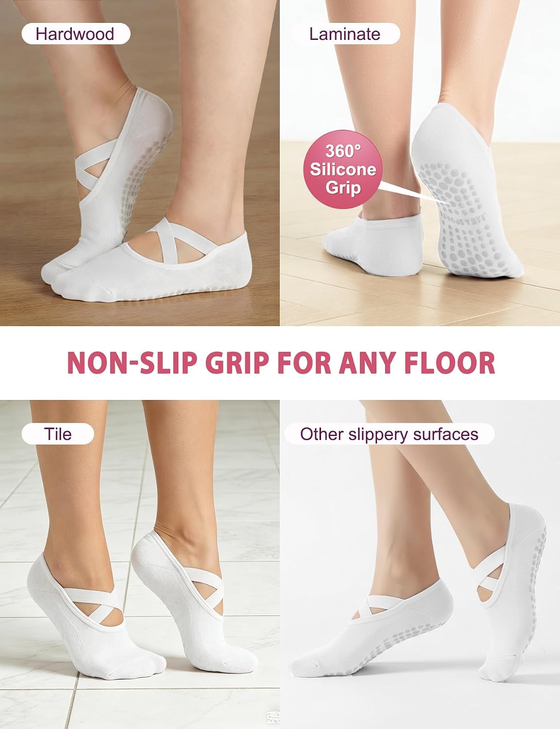Pilates Socks for Women, Cute Non Slip Grip Socks Athletic Socks | for Yoga, Barre, Hospital, Grippy Socks Home Workout Dance Ballet Gym Outfits Sticky Barefoot Slipper Non Skid Socks, 4 Pairs