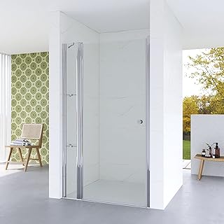 Nischentür Dusche 95 cm Verstellbereich 92,5-95 cm mit Duschtür Drehtür Schwingtür und Seitenteil, Chromoptik, Innen- und Außenöffnung, 5 mm ESG Echtglas klar, Acryl- Eckregalen, Höhe 187 cm