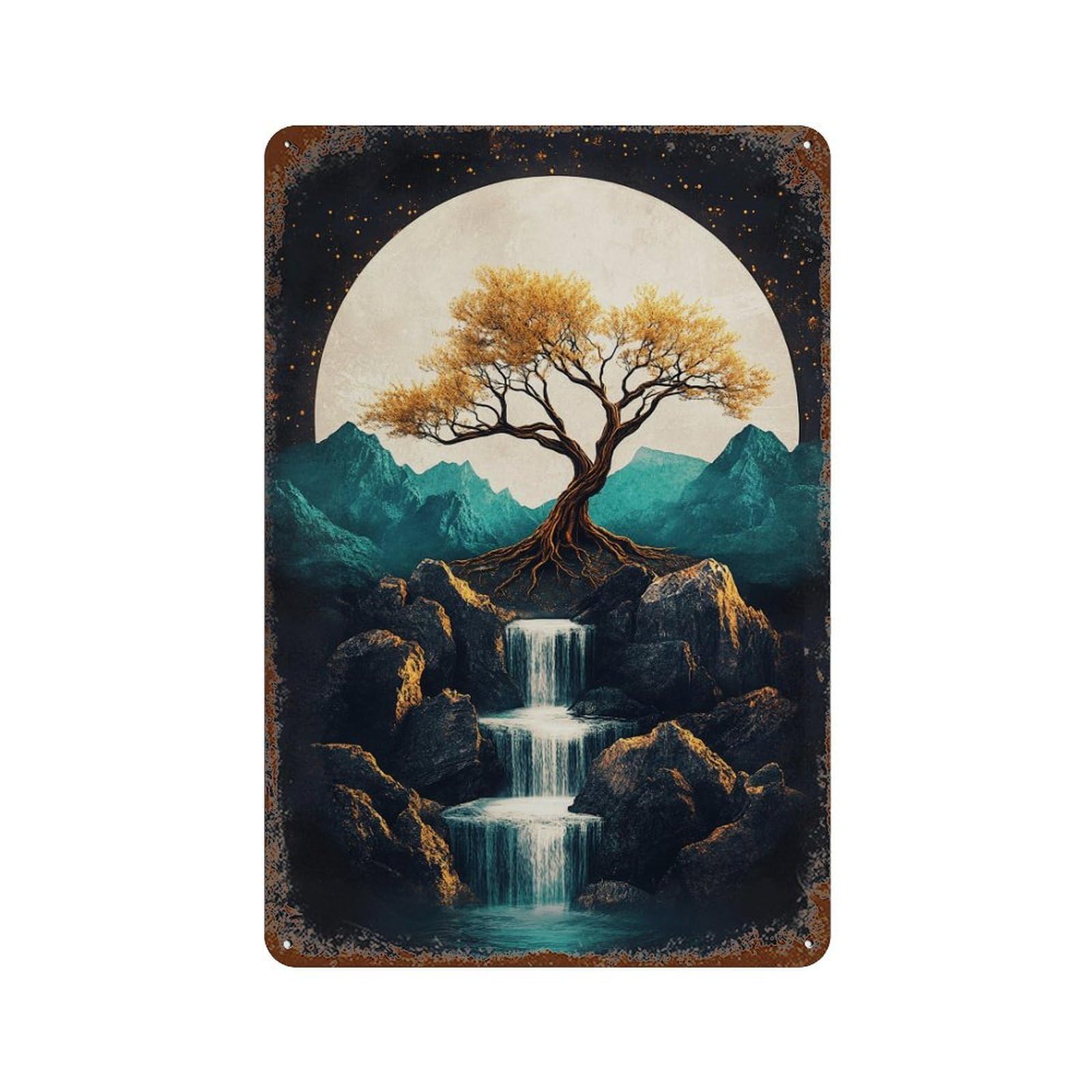 Weathered Tin Sign Enchanted Moonlit Waterfall Scene -1 11.8"x7.9", Rustic Home Decor for Basement, Hobby Room And Garage Decor