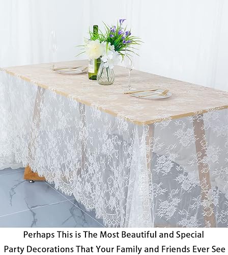 Miniatura 2 de ShinyBeauty Manteles de encaje blanco de 60 x 120 pulgadas, mantel de tela de encaje rústico, decoración de boda, mantel de encaje superpuesto de