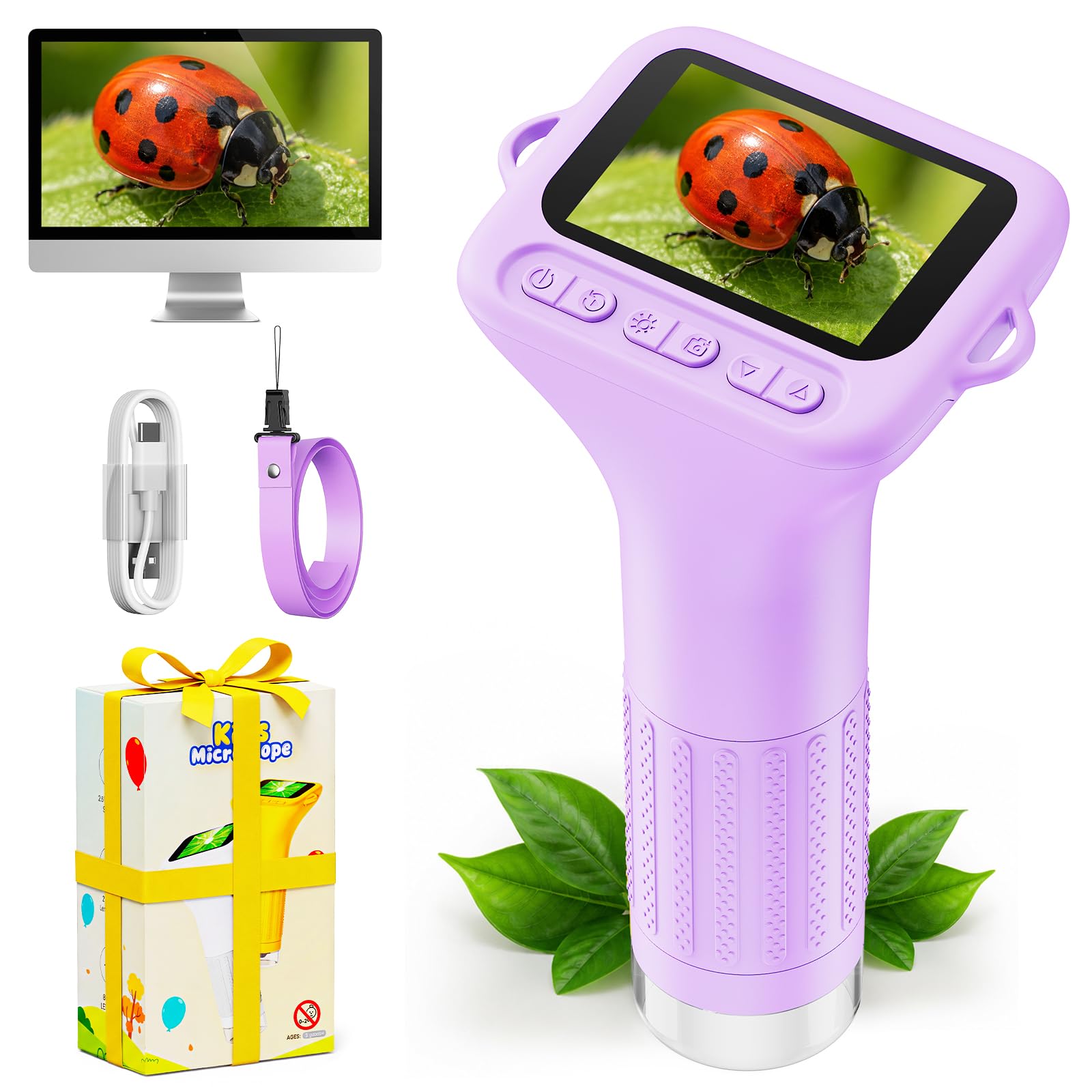ASPOVEN Mikroskop für Kinder 1000X, 2" HD-Display, Foto & Video，Lila | Abenteuer Mikroskop für Kinder mit 2-Zoll-HD-Bildschirm, 8 LED-Leuchten, Geburtstagsgeschenk für Jungen & Mädchen