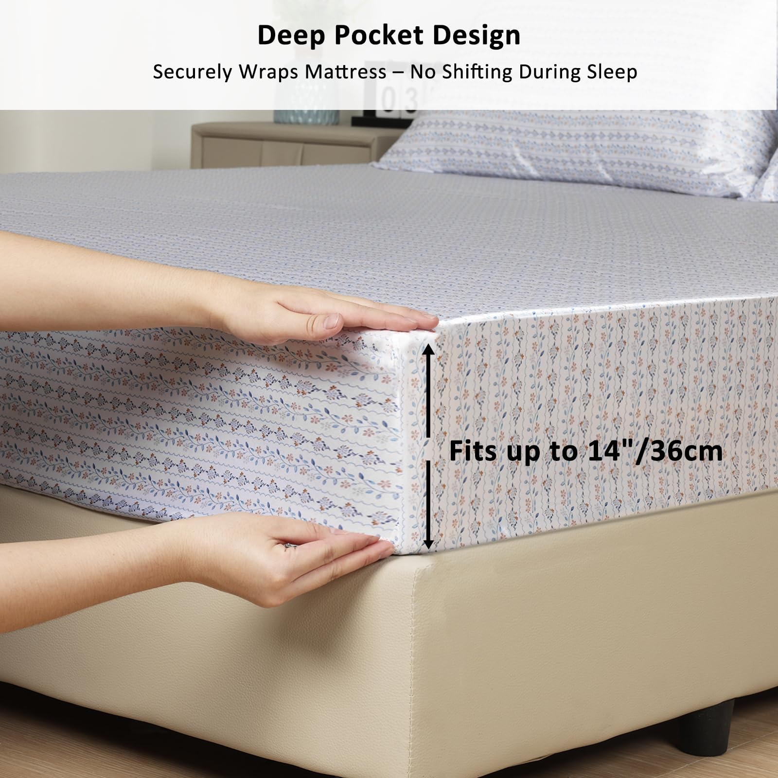 Lirex Satin Fitted Sheet, Silky & Soft Polyester Satin Weave Bed Sheets, 36 cm Deep Pocket with Elastic Corner Straps, Queen - Image 3