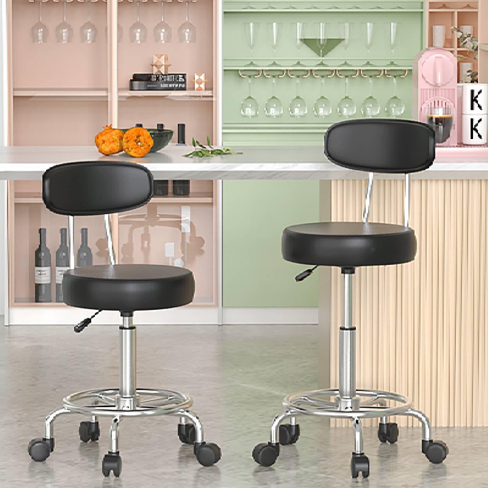 2 Taburete Giratorio con Ruedas, Sillas Bar para Oficina Dormitorio, Negro | Taburete Rodante Regulable 48-63cm, Tapizado de Polipiel Sintético, para Hogar Oficina Estudio Tatuajes Salón Centro Belleza