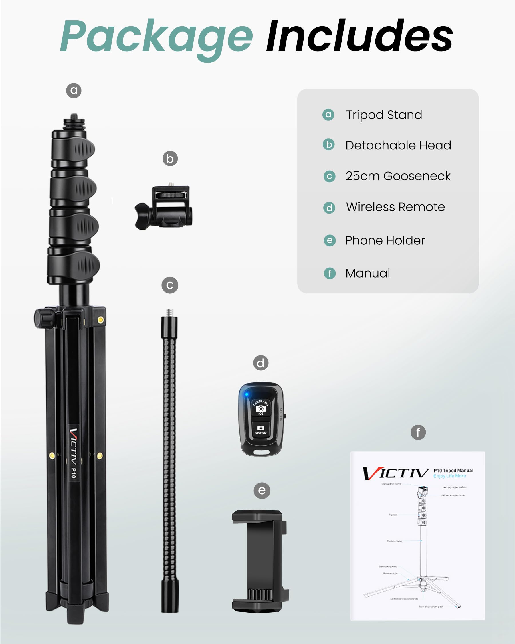Victiv 197cm Haute Trépied Smartphone, Trépied Téléphone Flexible avec 25cm Col de Cygne Réglable, Selfie Trepied avec Télécommande pour iPhone17 16 15 Pro, Trepied Caméra en Aluminium pour Canon DSLR
