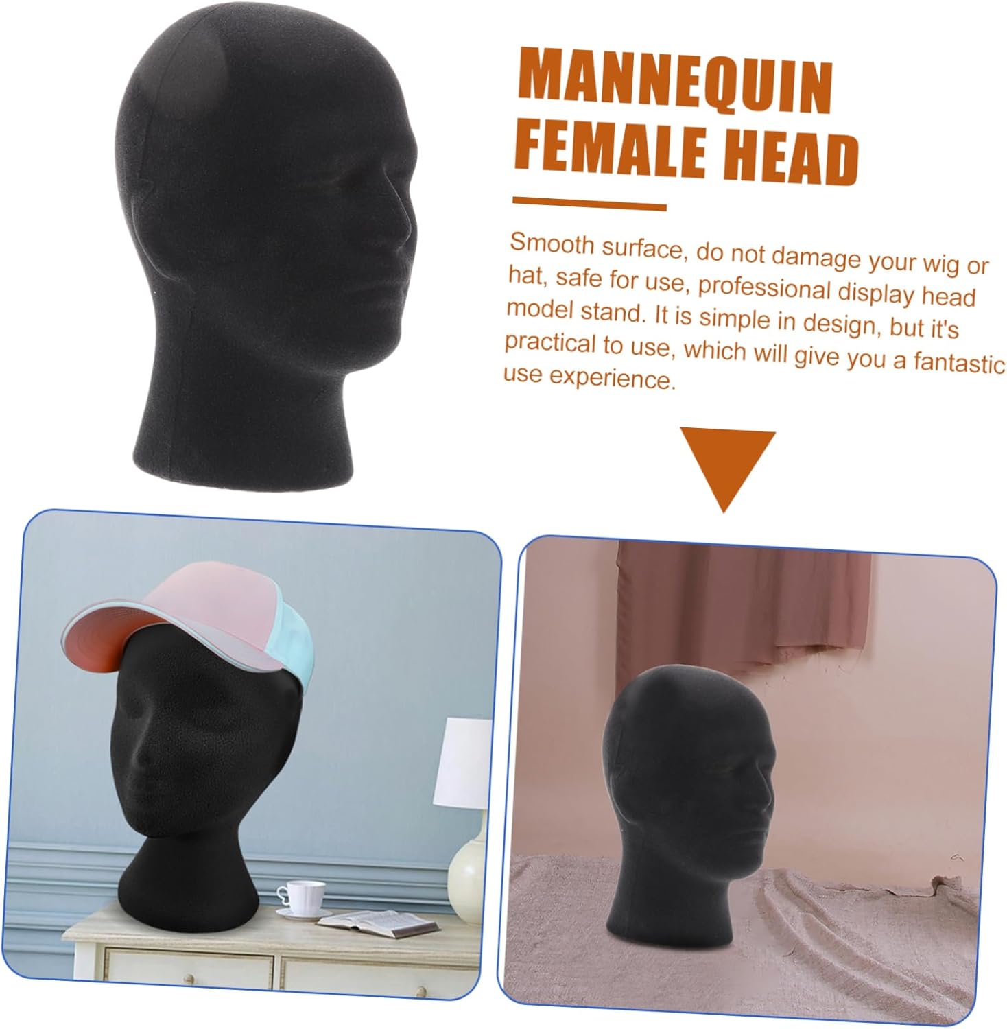 2pcs Foam Wig Head Mannequin Display Head Wig Stand for Hair Extensions Hat Show Black