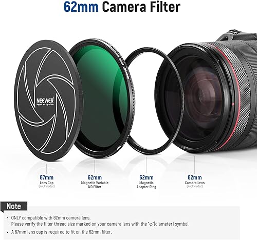 Miniatura 7 de NEEWER Filtro ND variable magnético de 2.441 in ND2-ND32 (1-5 paradas) con anillo adaptador magnético, filtro de densidad neutra ajustable HD con