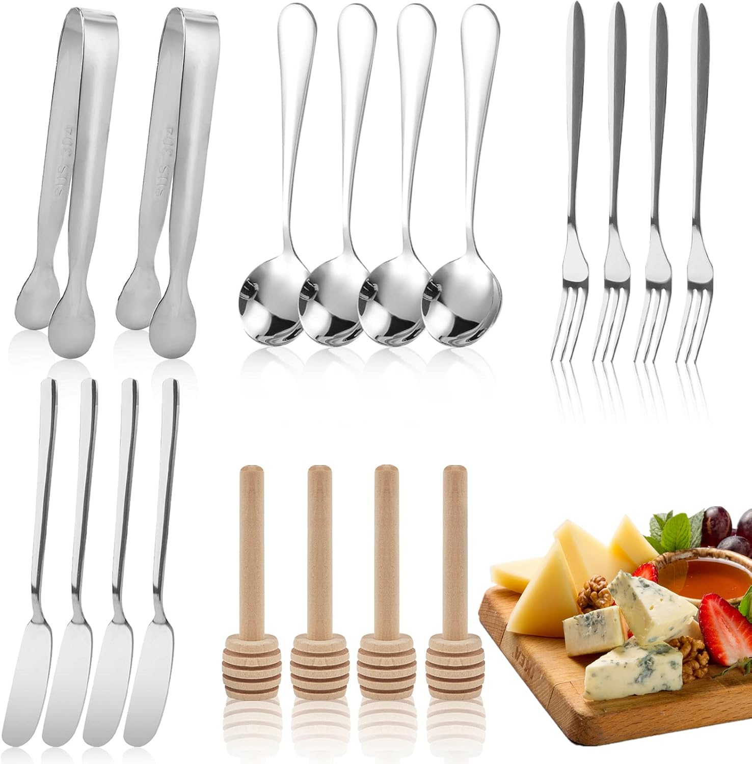 Charcuterie Board Accessories, 18 Pcs Silver Stainless Steel Spreader Knives Set Include Mini Serving Tongs, Cheese Butter Knives, Spoons, Forks, Honey Dippers Charcuterie Board Accessories, 18 Pcs Silver Stainless Steel Spreader Knives Set Include Mini Serving Tongs, Cheese Butter Knives, Spoons, Forks, Honey Dippers