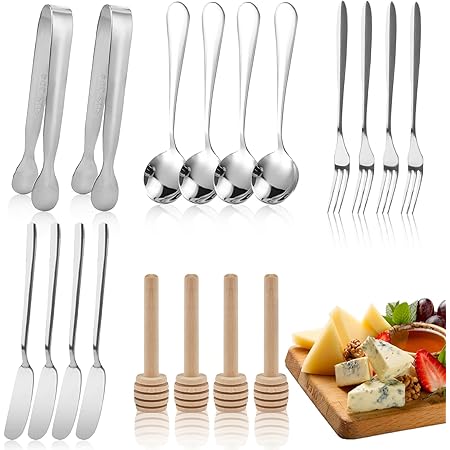 Jutieuo 18 Pieces Charcuterie Board Accessories Stainless Steel Cheese Butter Spreader Knives Set Include Mini Serving Tongs, Knives, Spoons, Forks, Honey Dippers for Party Wedding Christmas(Silver)