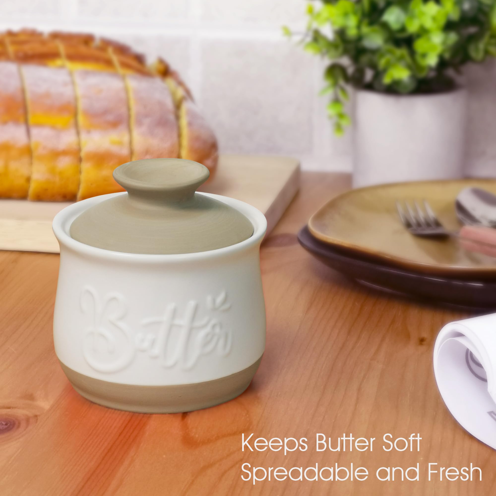 Floral Ceramic Butter Crock With Lid - Airtight Butter Keeper, Countertop Storage, Pink & Yellow Decor - View #13