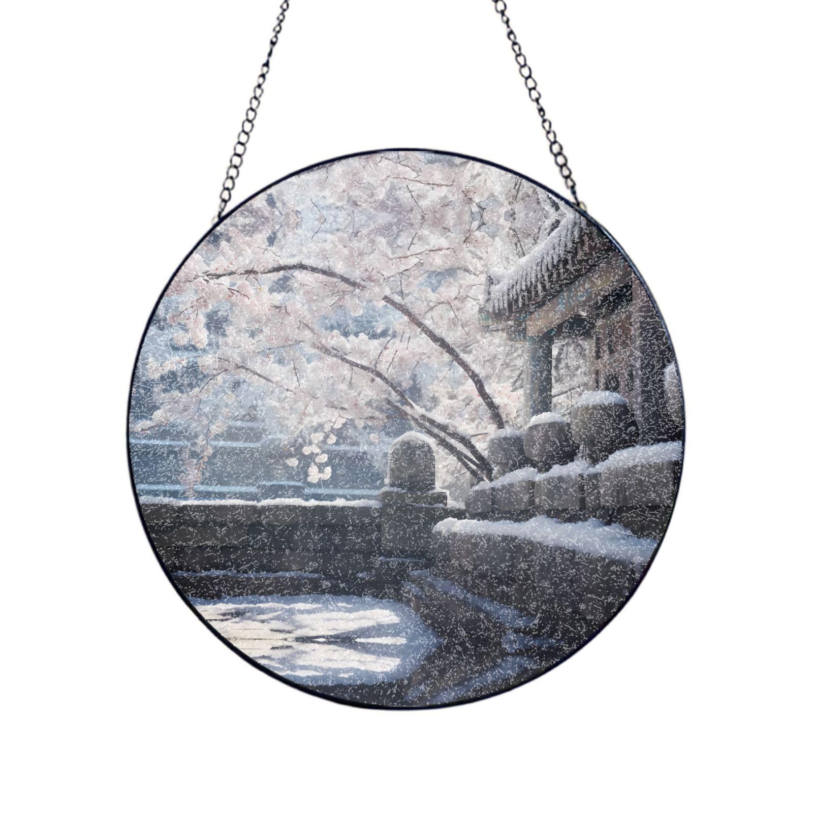 Phayah Plum Flower Print Glass Window Hanging Sun Catchers Suncatcher Decor For Birthday For Home Garden Porch 10in（25cm）