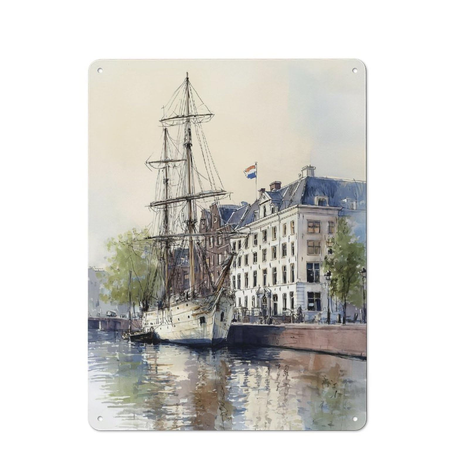 Junmoney Sailing By The Canal Metal Wall Plaque With Design 40X30cm, Old Fashioned Vintage Wall Decor For Living Room, Hallway, Kitchen Or Cafe