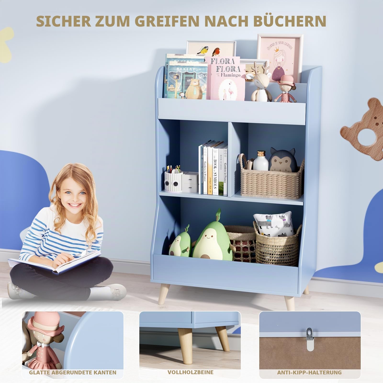 Clevich Bücherregal Kinder, Kinderregal, Kinderzimmerregal, Spielzeugregal, 2 Fächern, 3 offene Fächer für Bücher, Montessori Aufbewahrungsregal, Kindermöbel für Kindergarten Spielzimmer (Blau)
