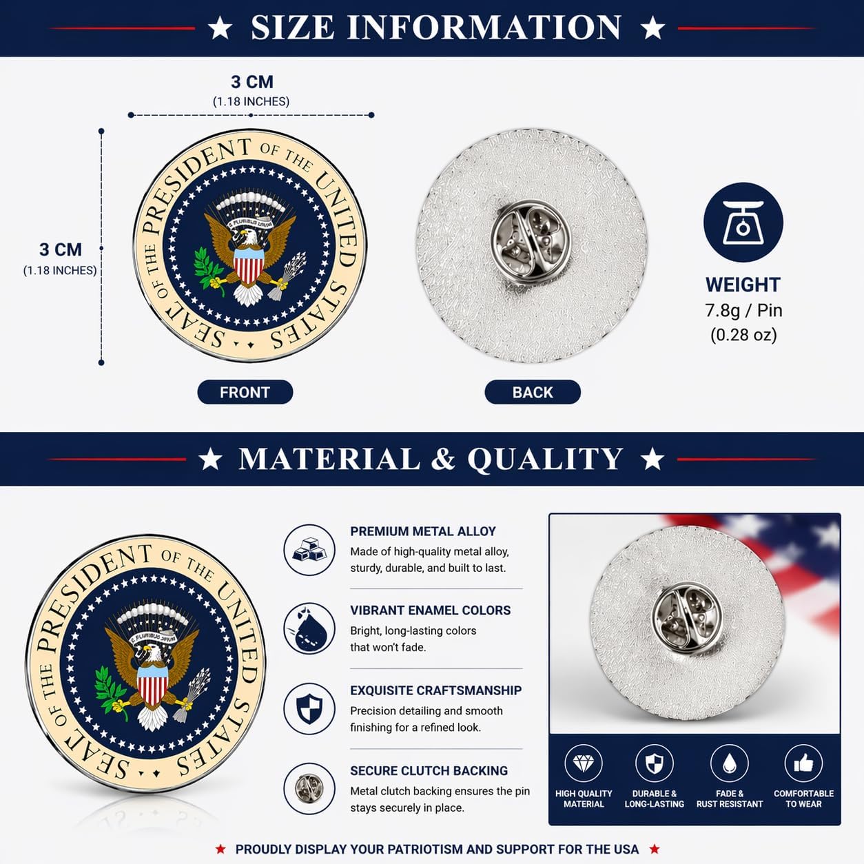 2 Pcs President of The United States Seal Presidential Pins, Patriot USA Logo Round Button Pins, Men's and Women's Metal Alloy Lapel Pins