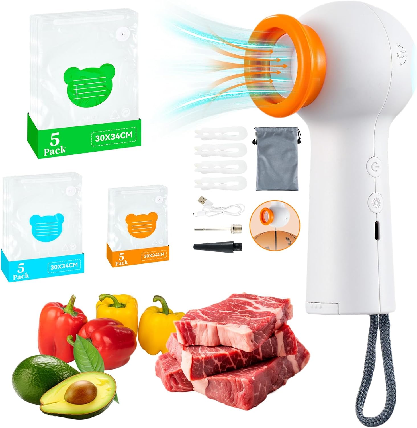 AJKJ Handheld Vacuum Sealer with various vacuum bags and fresh food items like meat, peppers, and avocado, illustrating its primary use.