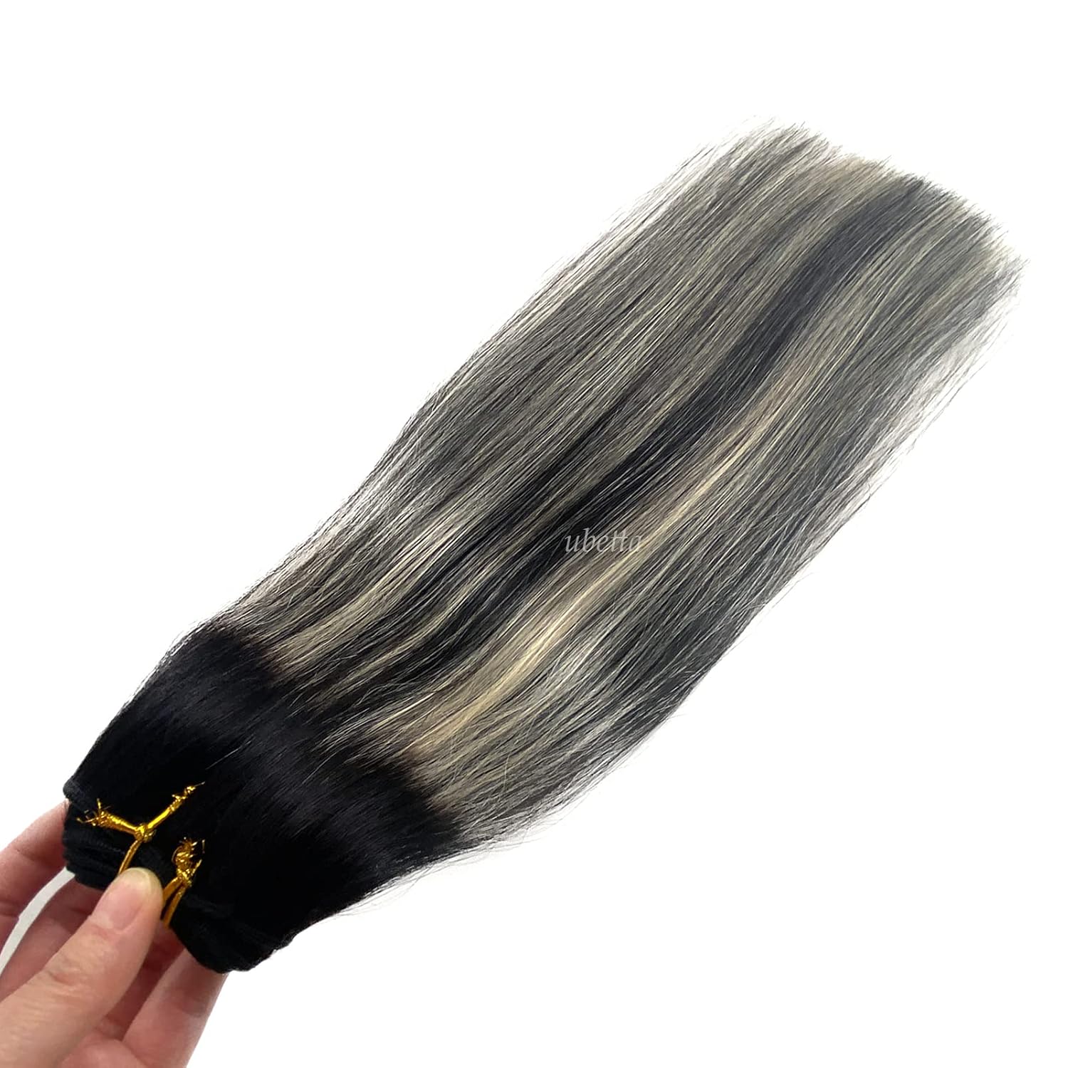 Ubetta Sew in Weft Hair Extensions Real Human Hair, Ombre Black to Blonde Highlights Hair Hair Bundles 14 Inch 80G Hand Tied Hair Hair Weave