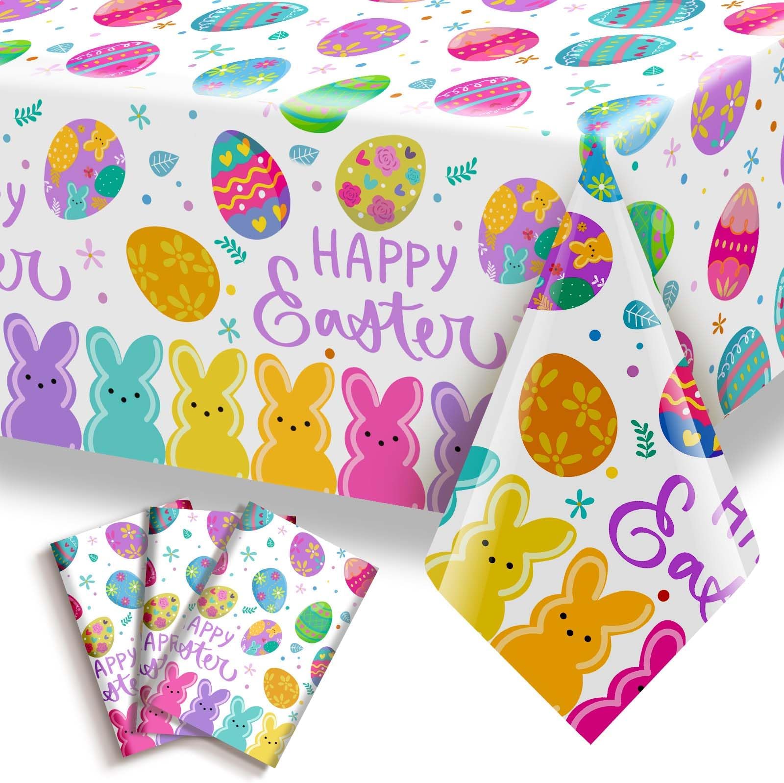 3 Pack Easter Tablecloths Decorations, 54x108 Inch Disposable Plastic Waterproof Rectangle Table Covers for Party Table Cloth Bunny Rabbit Indoor Outdoor Dining Decor