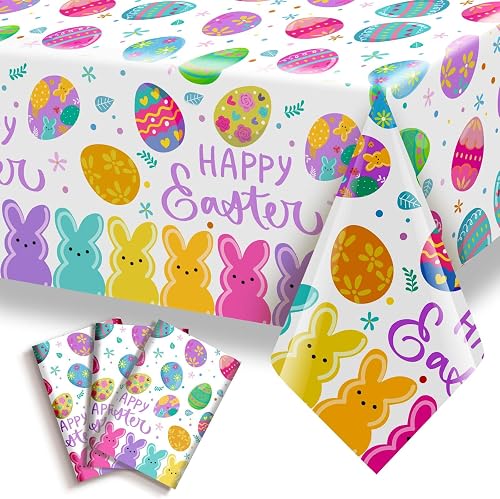 3 Pack Easter Tablecloths Decorations, 54x108 Inch Disposable Plastic Waterproof Rectangle Table Covers for Party Table Cloth Bunny Rabbit Indoor Outdoor Dining Decor