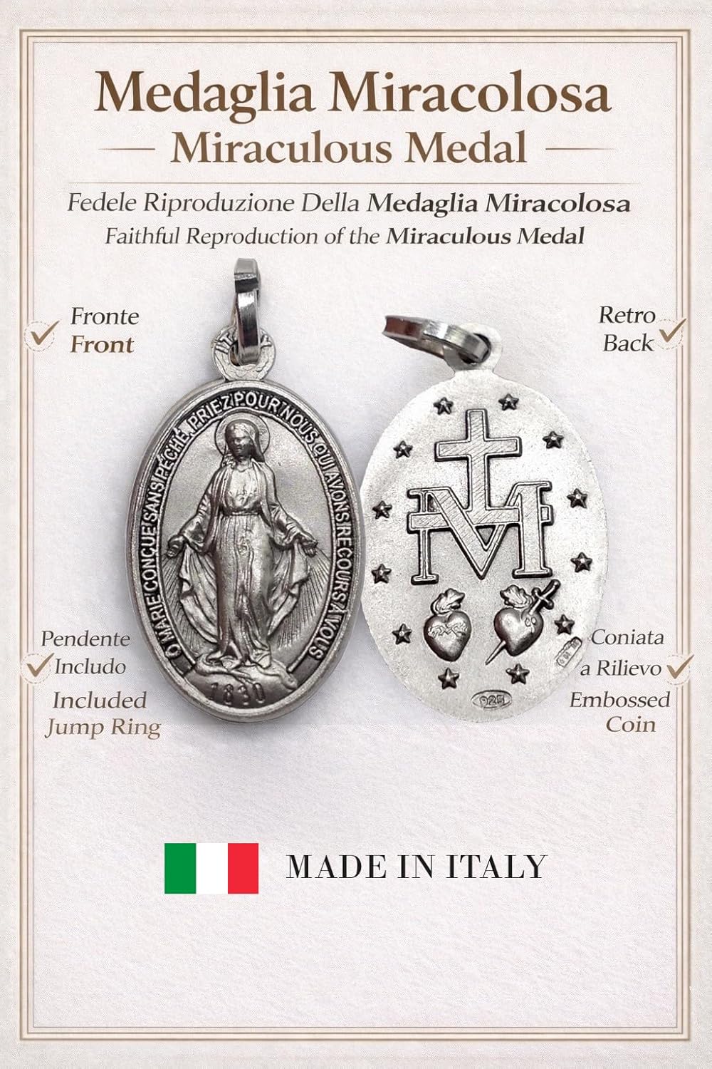 I G J 925 STERLING SILVER THE MIRACULOUS MEDAL - THE ORIGINAL ONE - 100% MADE IN ITALY - THE PATRON SAINTS MEDALS