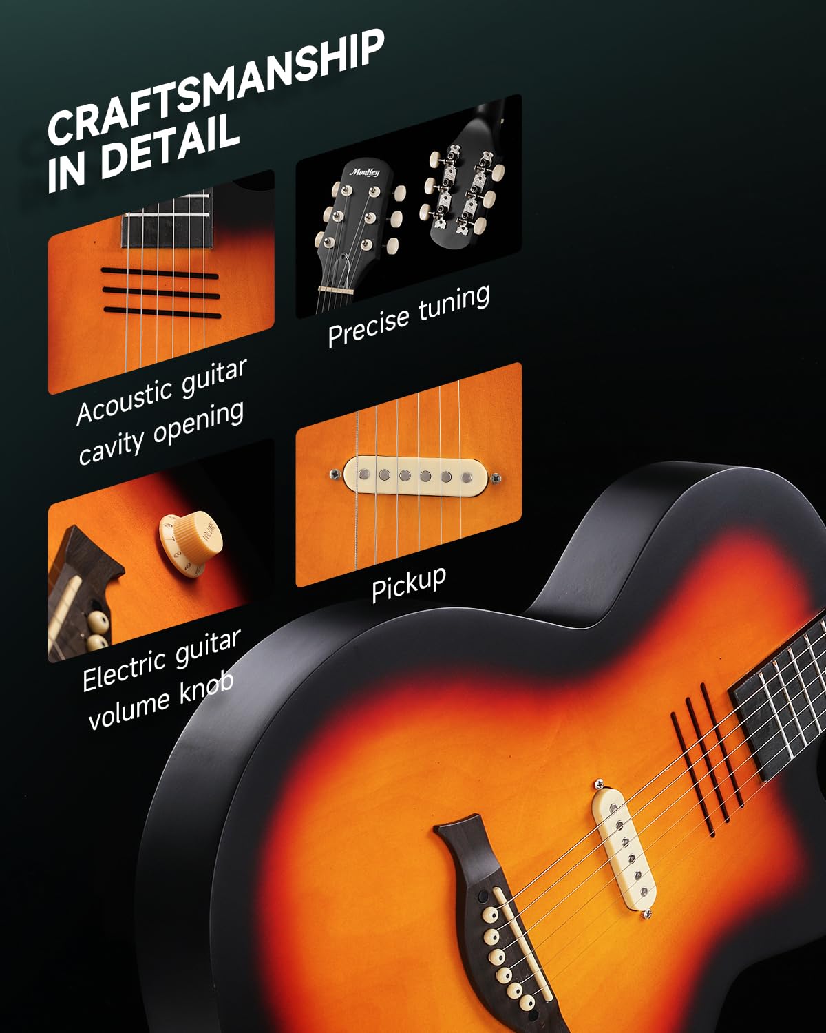 Guitare électro-acoustique Moukey BCC-100 39-inch, pan coupé, micro passif, housse, sangle, médiators, accordeur et capodastre, double mode acoustique et électrique, finition Sunburst