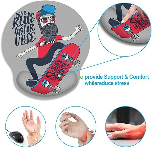 Miniatura 3 de Britimes Alfombrilla de mouse ergonómica con soporte para la muñeca, monopatín rojo, base de goma antideslizante, alfombrilla de mouse para el
