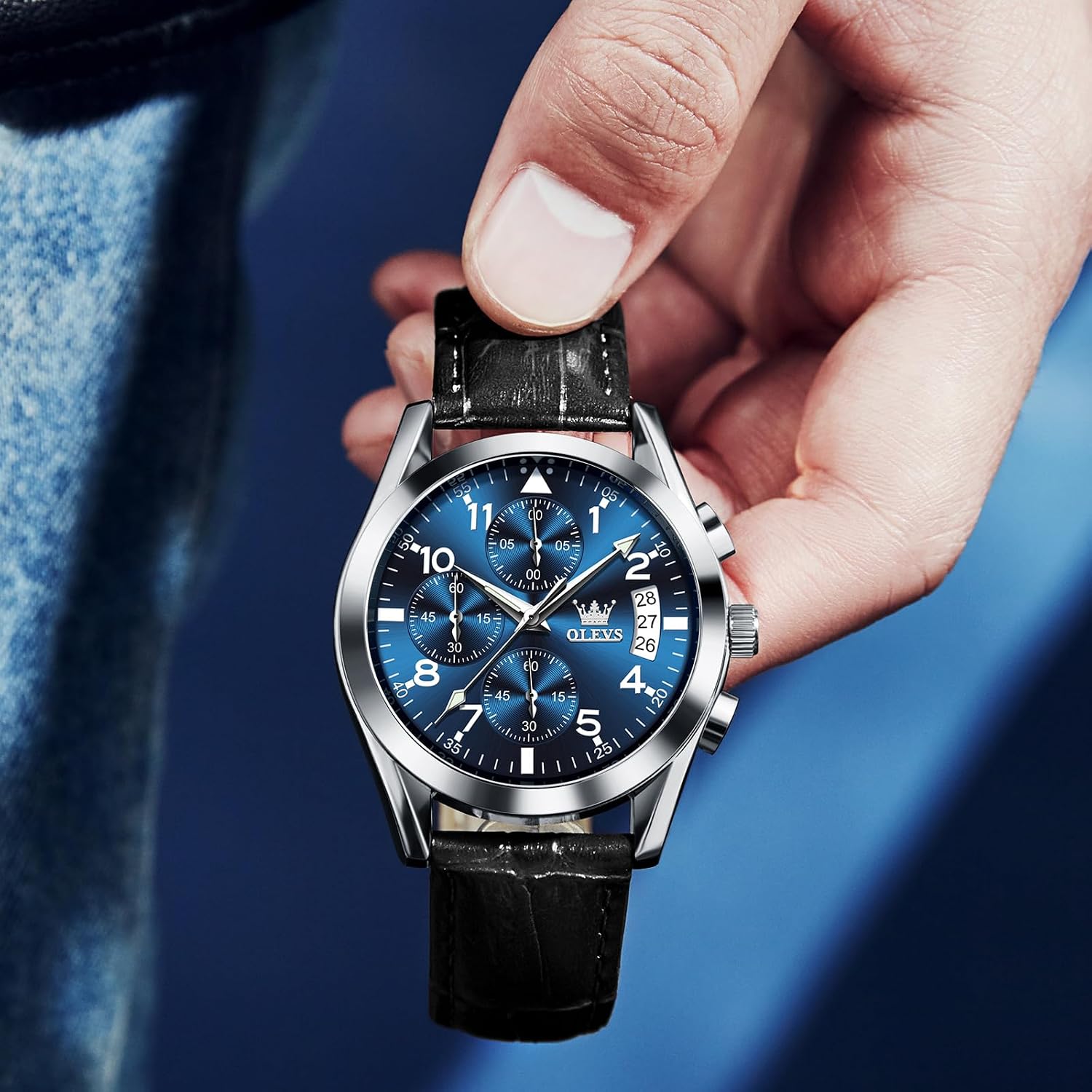 OLEVS Men's Chronograph Leather Watch, Big Face Easy to Read Analog Quartz Dress Watch, Casual Waterproof Luminous Hands Date Watches for Men, White/Blue/Black/Gold Dial