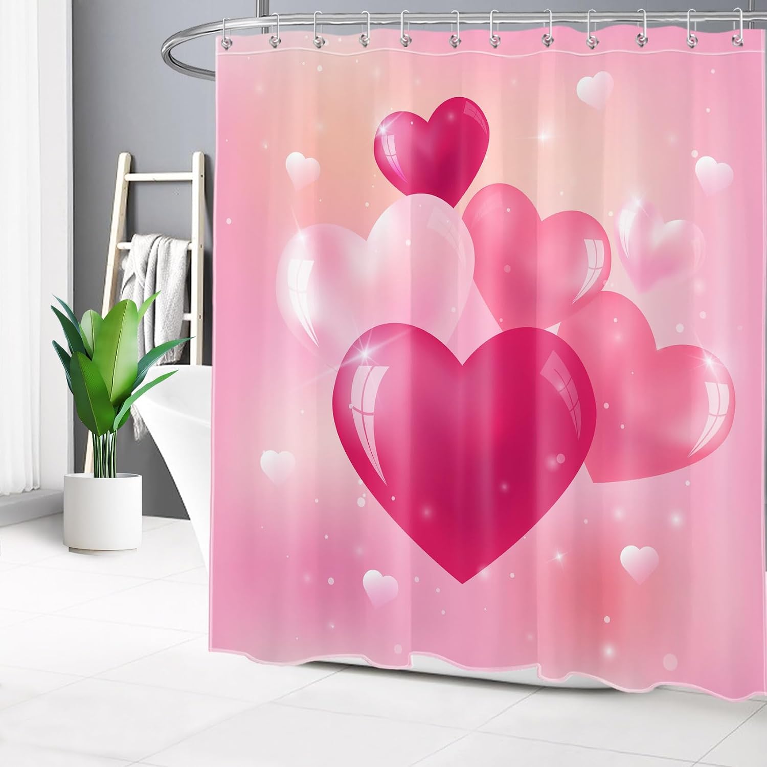 LB Valentines Day Shower Curtain Set Bright Glass Hearts in Pink Bathroom Curtain with Hooks 72x72 inch Waterproof Polyester Fabric Bathroom Decorations image 2
