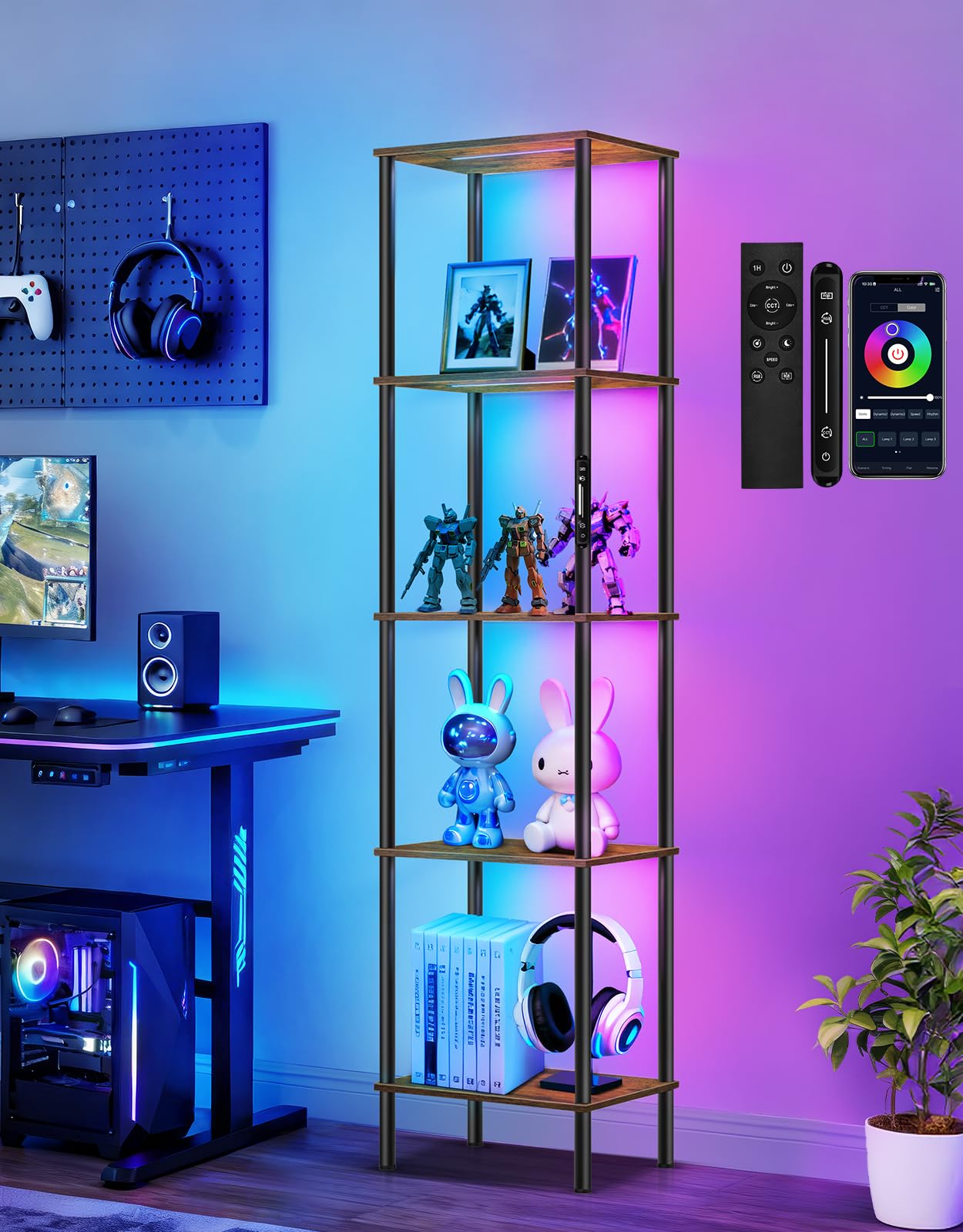 Lámpara de Pie RGB con Estantería, Regulable, Táctil & App & Mando a Distancia, Music-Sync, 16 Millones de Colores, Iluminación Ajustable, Estantería con Luz para Salón Dormitorio Oficina