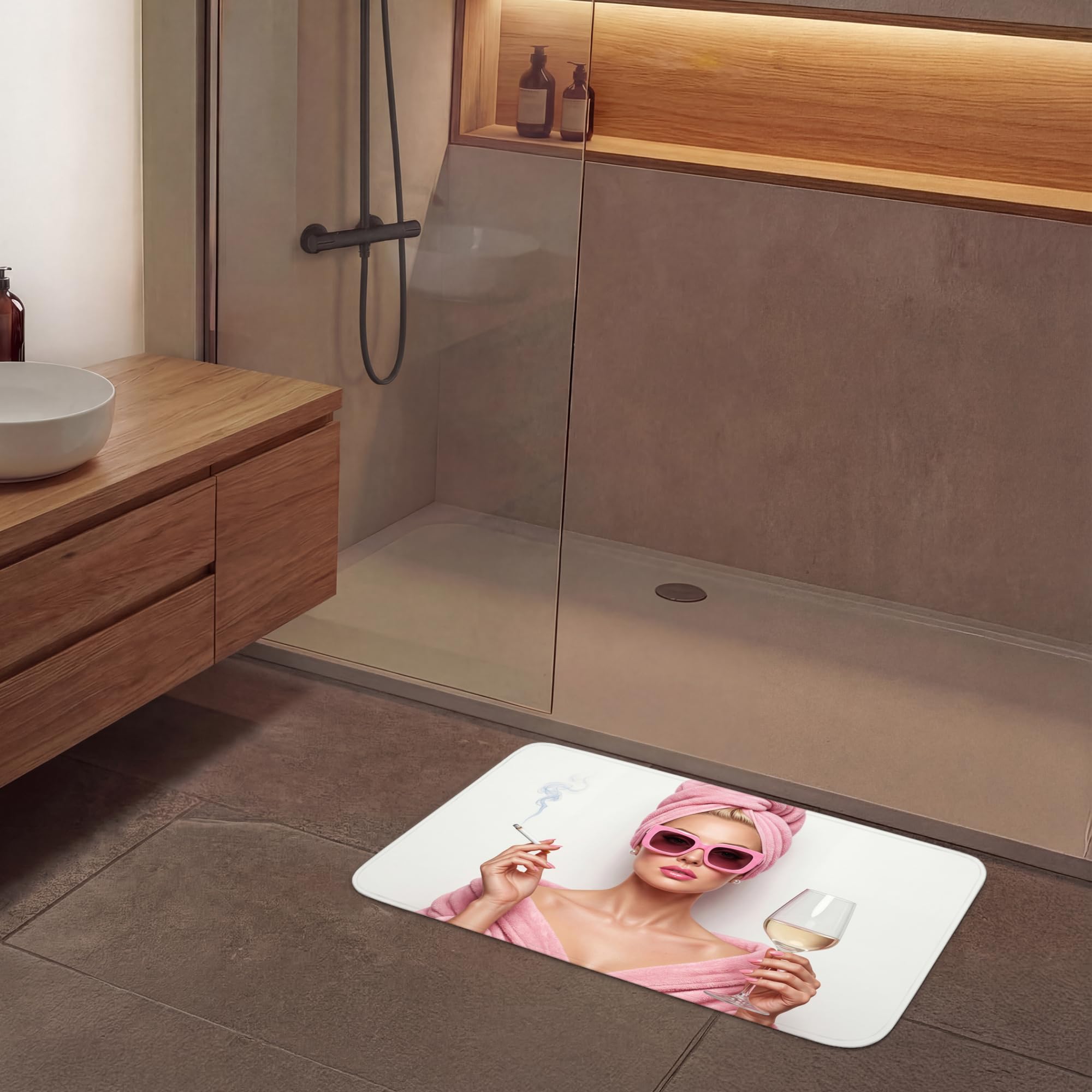 Alfombra Baño Rectangular 90x60 cm Decoracion Bathroom Mat Non Slip Shower Lavable Antideslizante Alfombrilla Tapete Banheiro Mujer - Rosa - Vino - Gafas de Sol