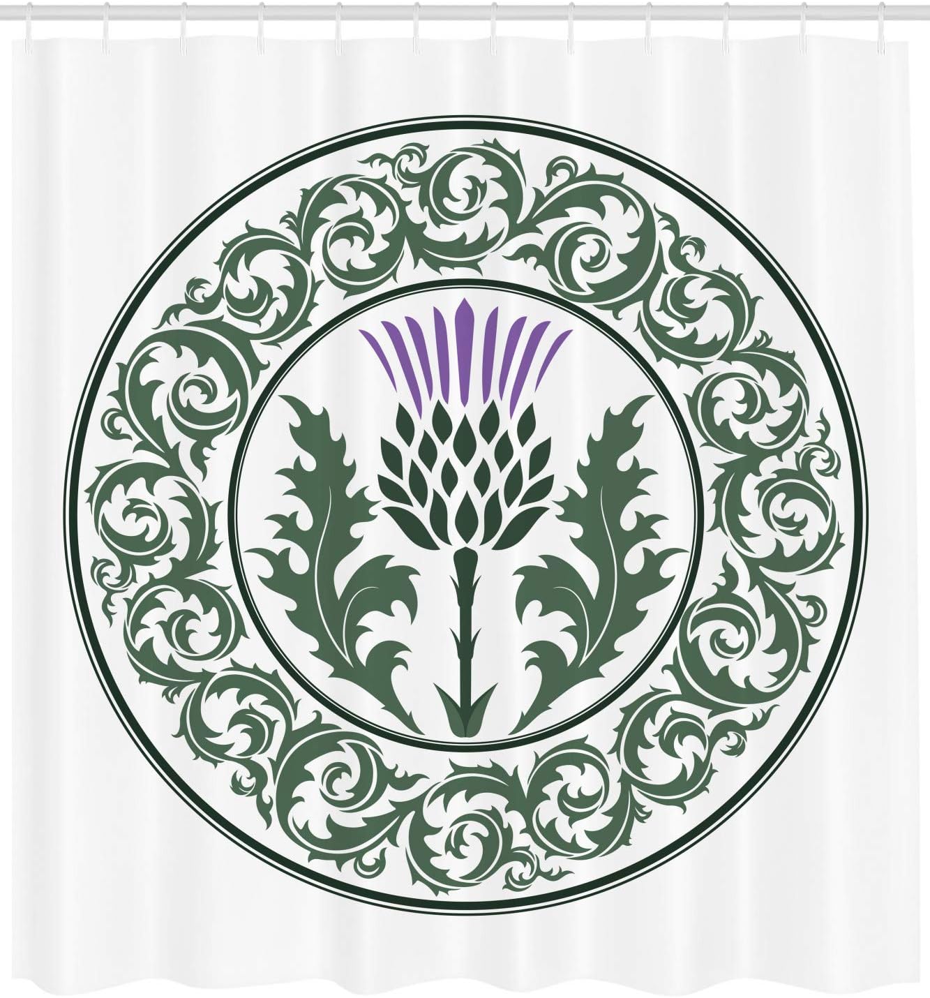 Ambesonne Thistle Shower Curtain, Floral Ornamented Round Leaf Thistle as Symbol of Scotland, Cloth Fabric Bathroom Decor Set with Hooks, 69" W x 75" L, Reseda Green Lavender Dark Green