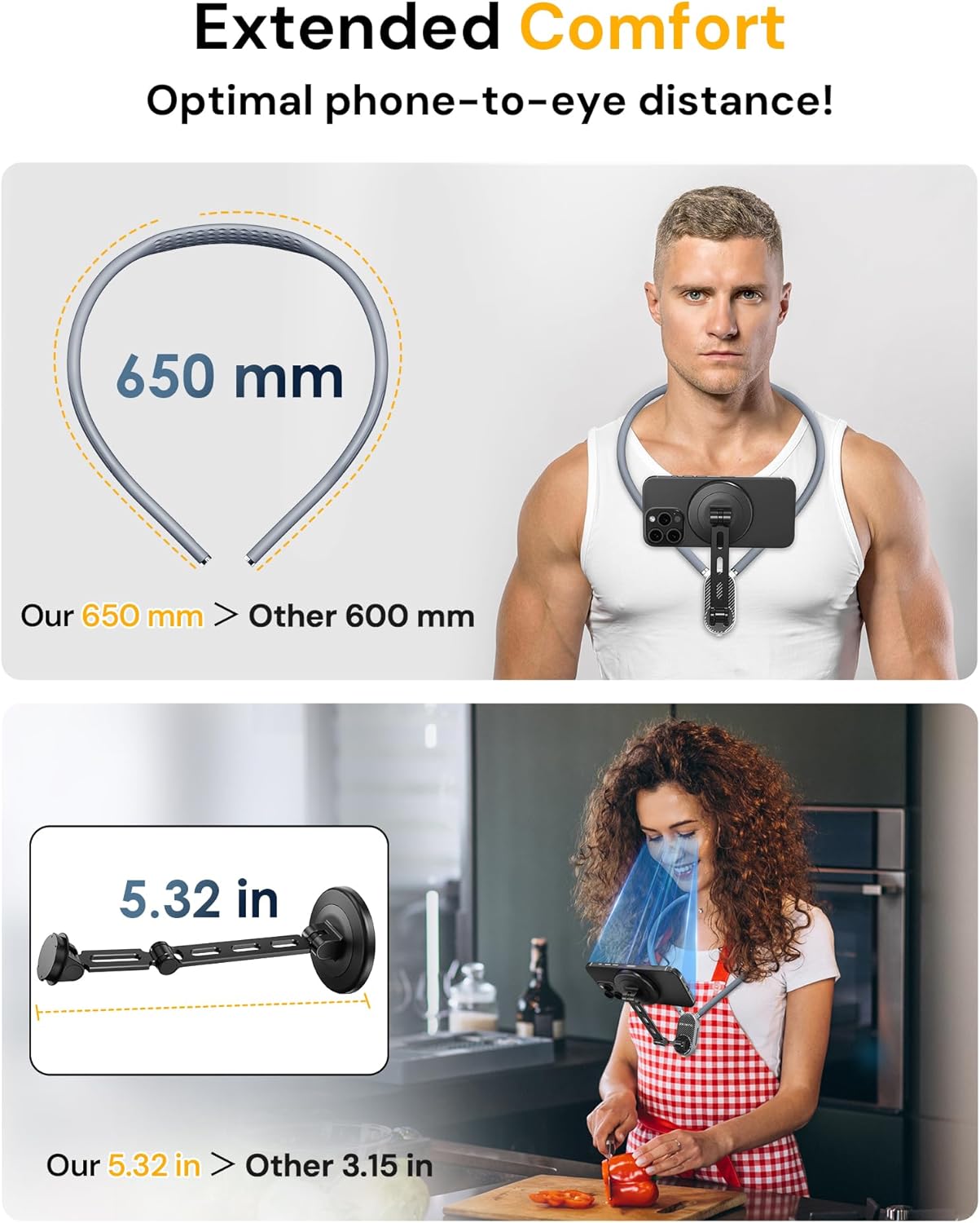 Magnetic Neck Phone Holder for Recording, Hands-Free POV/Vlog Video Filming, Content Creator Essentials for Indoor/Outdoor, Cooking/Riding, 4 in 1 Neck Mount for iPhone Cell Phone Android (650mm)