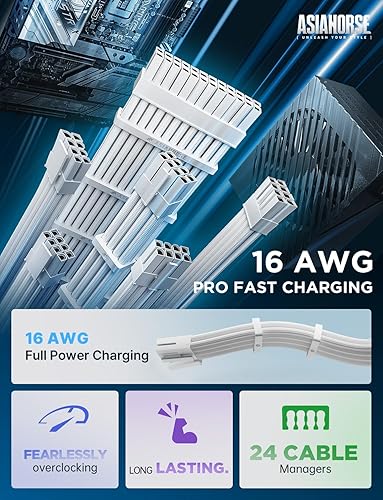 Miniatura 3 de AsiaHorse Cable con funda para fuente de alimentación, 16 AWG PSU Kit de cable de extensión de conector blanco, 1x24Pin2x4+4 EPS3x6+2 PCI-E, 11.8 in