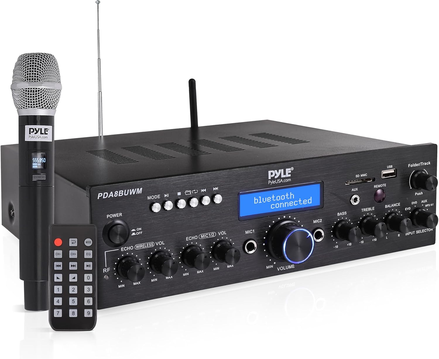 Pyle Wireless Microphone / Bluetooth Amplifier Combo - 200W Peak Power - Dual Channel Stereo Audio Receiver w/ USB - A / SD Card MP3 Player, AUX in, Dual Wired Mic Inputs w/ Echo, RCA In - PDA8BUWM