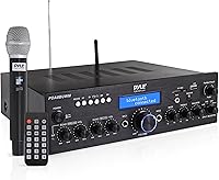Vista 1 de Pyle Micrófono inalámbrico Bluetooth Amplificador de 200 W de potencia máxima receptor de audio estéreo de doble canal con USB, entrada AUX
