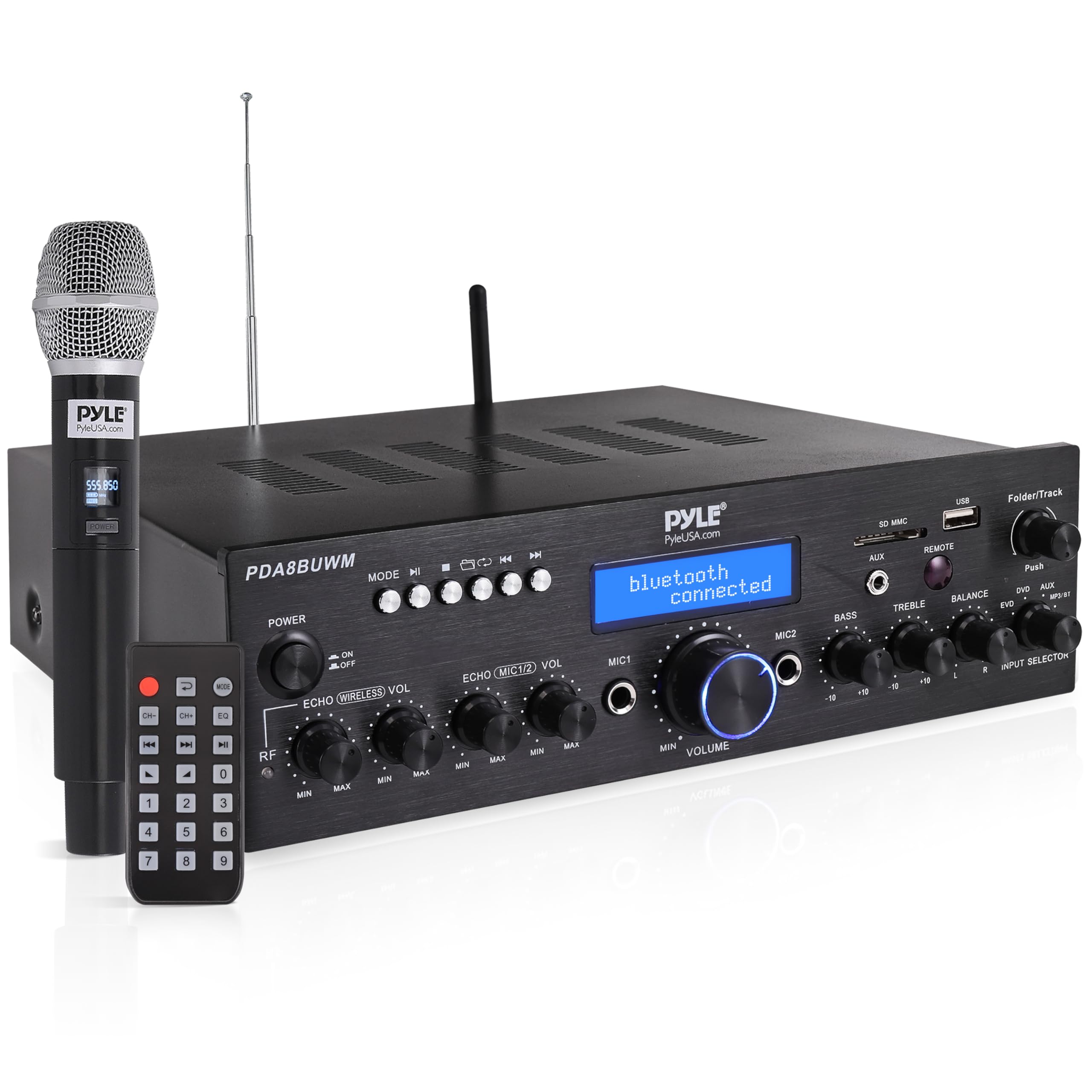 Pyle Wireless Microphone Power Amplifier System 200W Dual Channel Sound Audio Stereo Karaoke Speaker Receiver with USB