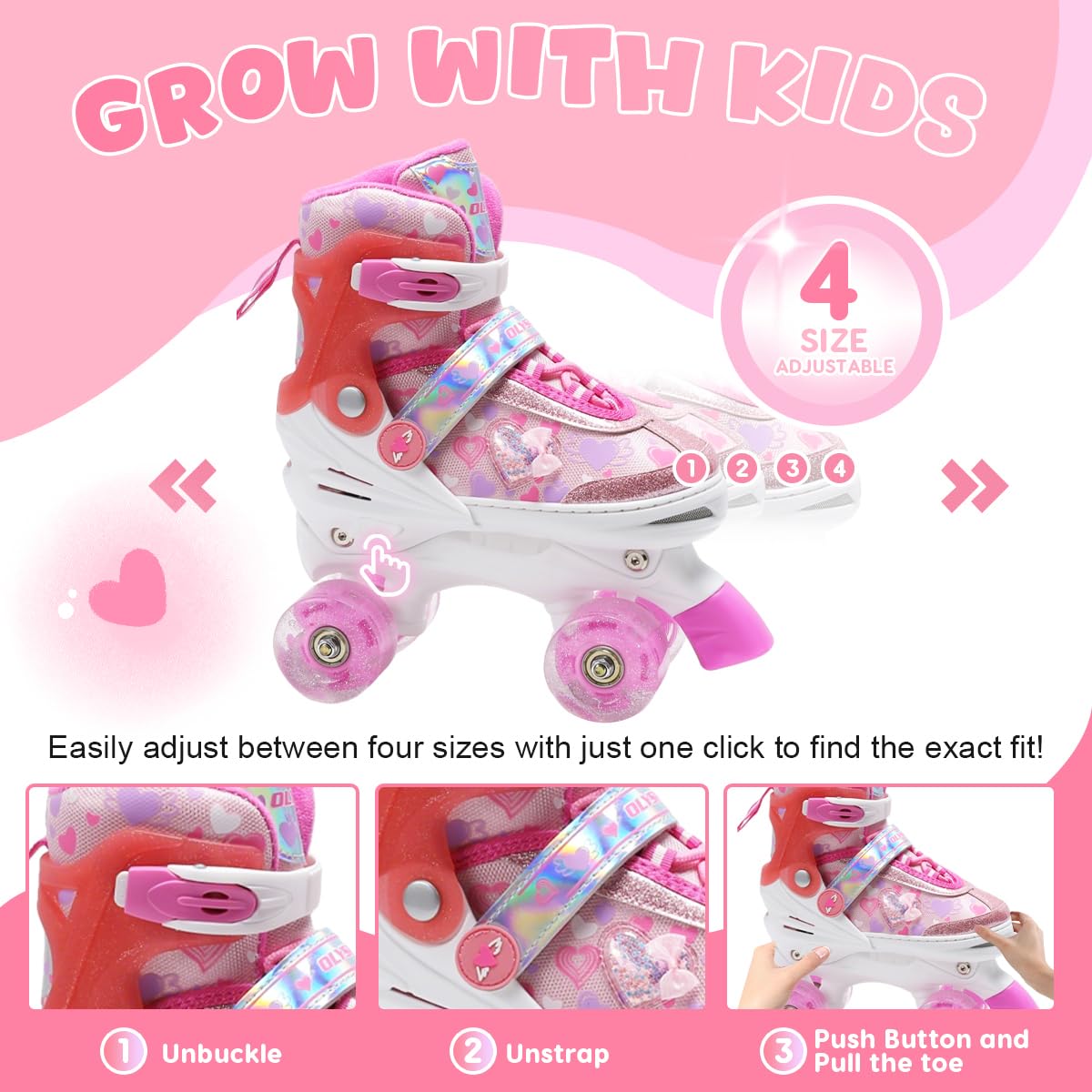 Patin a Roulette Fille,Rollers Enfant Fille avec Motif Intégral de Cœurs Rêveurs & 8 Roues Lumineuses,4 Tailles Réglables,Idée Cadeau Anniversaire Noël