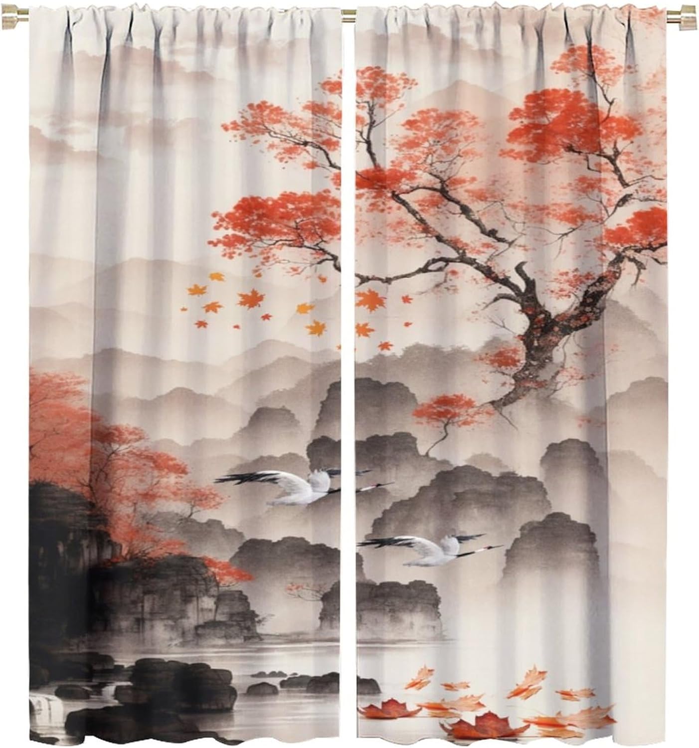 Asian Window Curtains, Vintage Chinese Fantasy Landscape Clouds Montains Window Treatments Red Plum Blossom Window Drapes for Bedroom Living Room Kitchen 63x63in