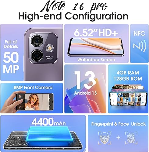 Miniatura 10 de Ulefone Note 16 Pro (12 GB+128 GB) Teléfonos desbloqueados, teléfono celular Android 13, cámara principal de 50 MP, pantalla de gota de agua HD+ de