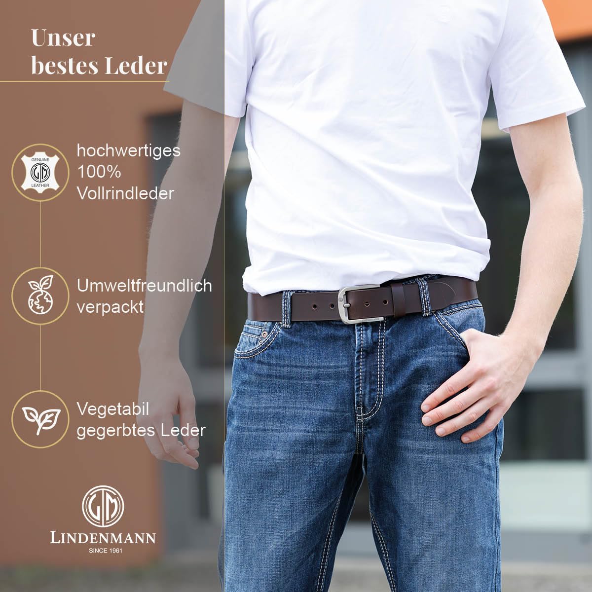 Lindenmann Cintura in pelle da uomo, cintura in pelle pieno fiore, cintura in jeans marrone