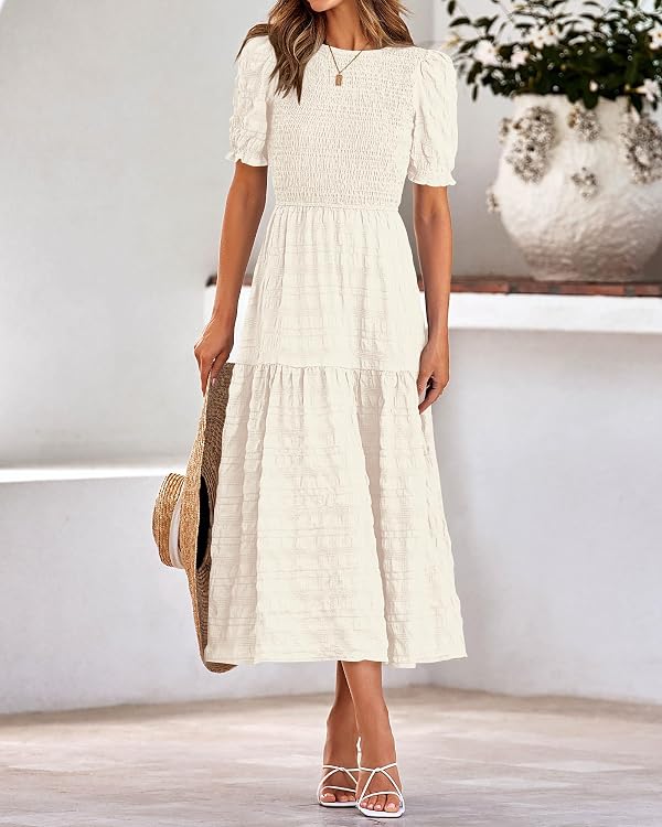 dowerme Womens Puff Sleeve Smocked Ruffle Maxi Dress,Beige,XL by dowerme - Used condition - Image 2