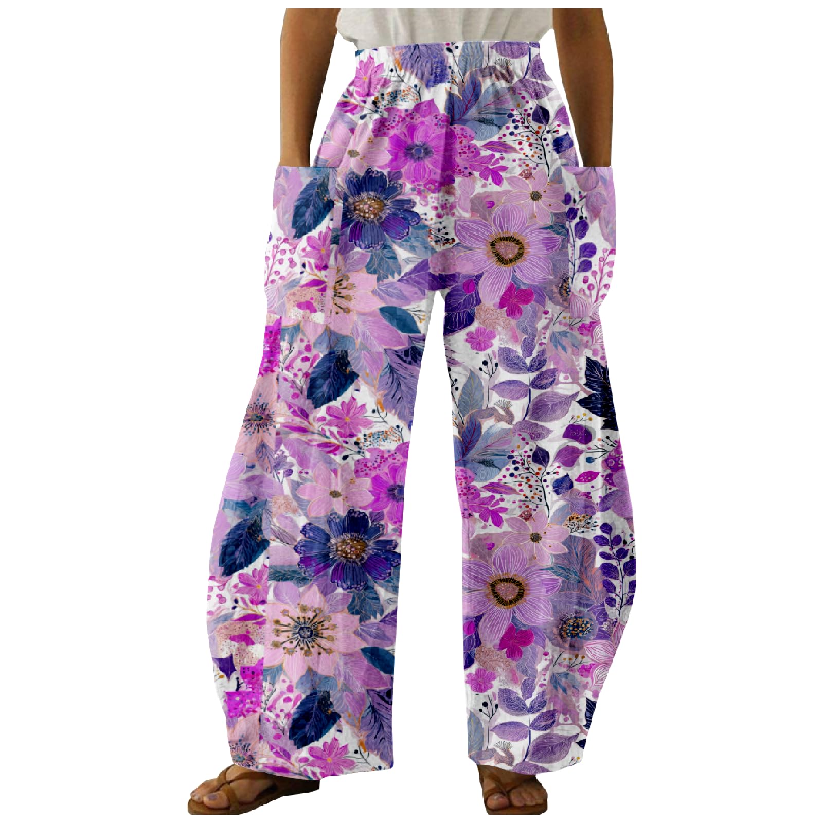 MARSVOVO Loose Pants for Women Summer Lightweight Cool Wide Leg Trousers Vacation Flowy Pants with Pockets