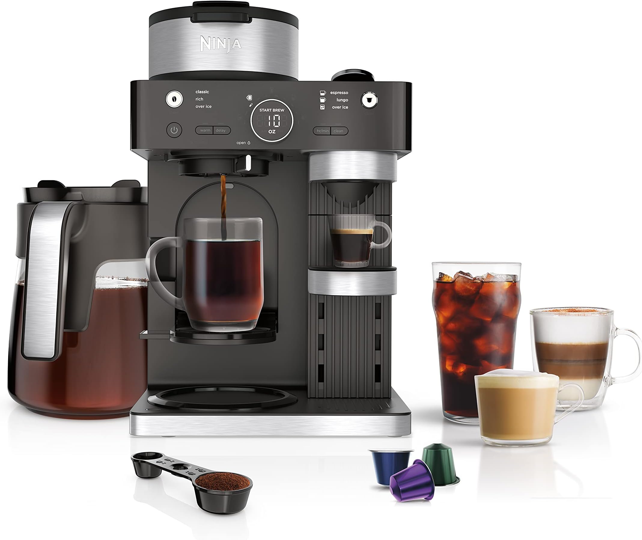 Espresso & Coffee Maker & Barista System, 3 Espresso Brew Styles, Single-Serve Coffee & Nespresso Capsule Compatible, Built-in Frother, Espresso, Cappuccino & Latte Maker, Black, CFN601