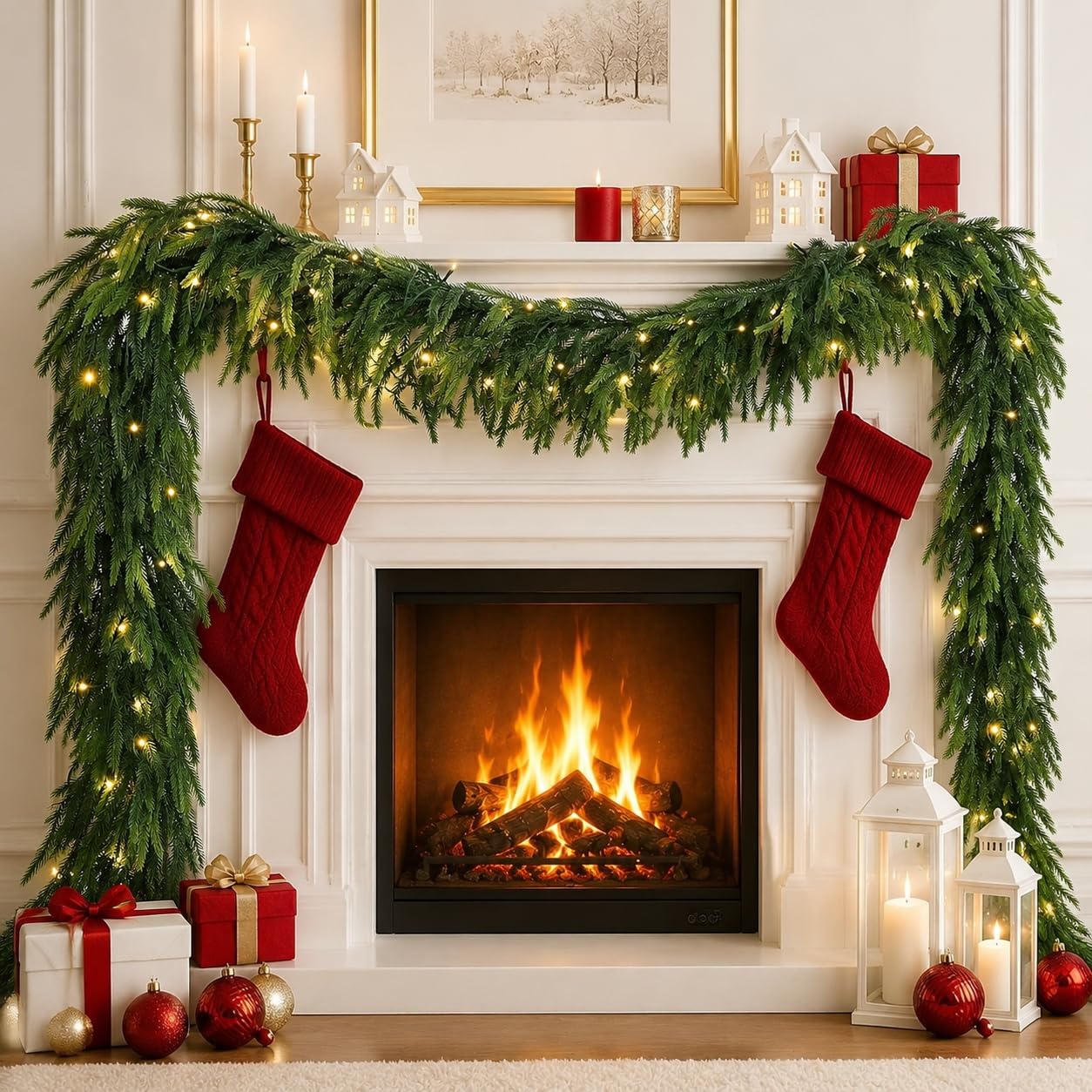 9FT Norfolk Pine Christmas Garland with Lights, Xmas Artificial Garlands Faux Greenery for Fireplace Stairs Mantle Table Home Indoor Outdoor Holiday Decoration