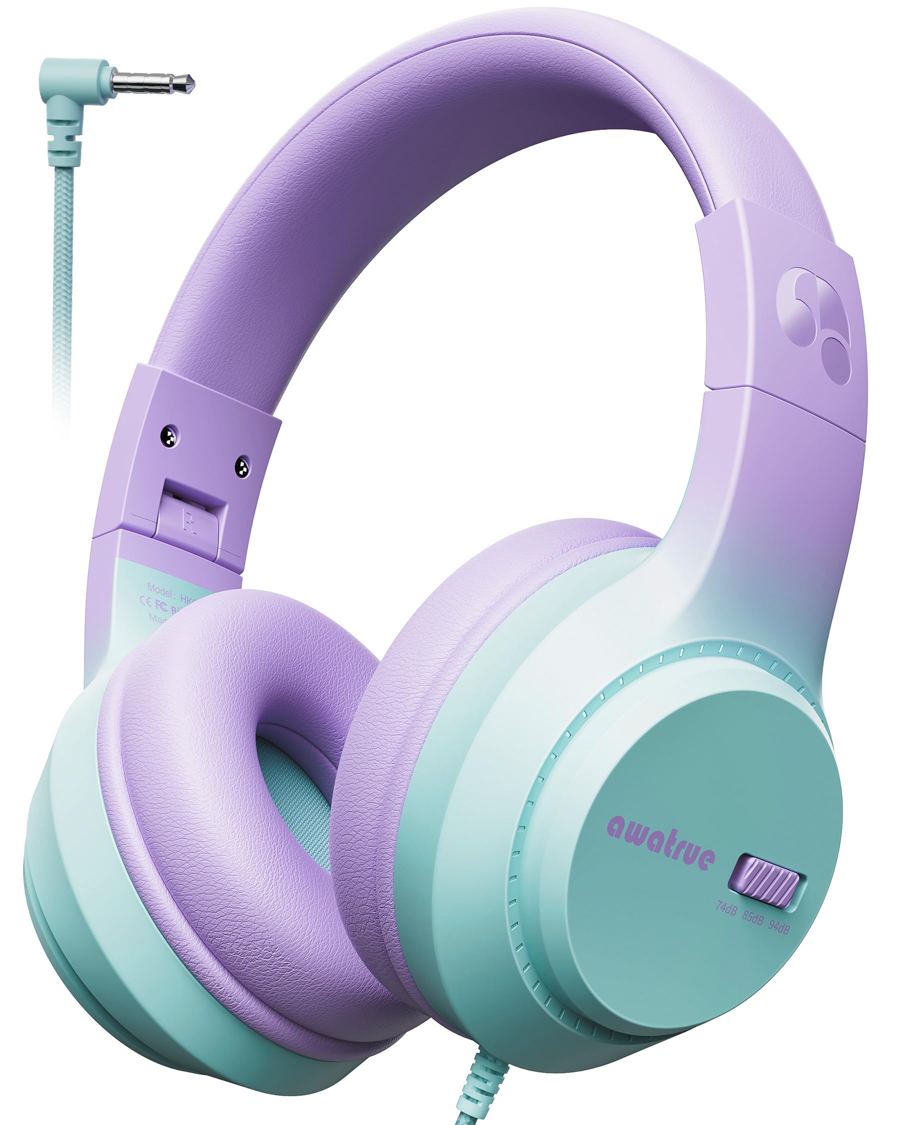awatrue Kids Headphones, Wired Headphones Kids with 74/85/94db Safe Volume, 3.5mm Jack, Adjustable Headband, Foldable Over Ear Toddler Headphones for Plane/School/Travel/Tablet/Gifts (Purple-Green)